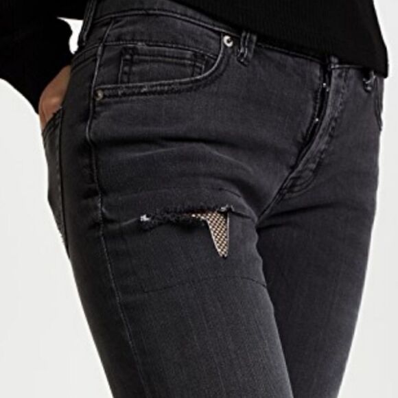 Free People Fishnet Patch Skinny Jean Button Fly Washed Out Black - Picture 5 of 15